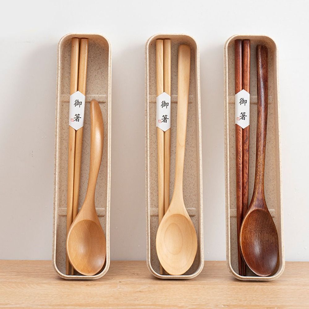 Bamboo Cutlery Travel - Picknickset met houten eetstokjes en lepel,