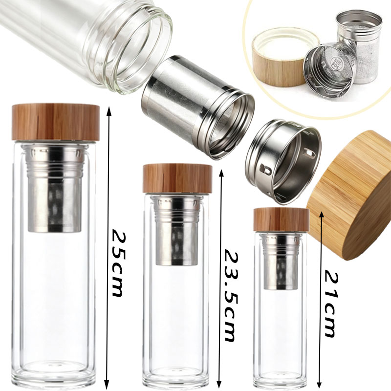 Bamboo Cutlery Travel - 300/400/500ml dubbelwandige glazen theekop met bamboe